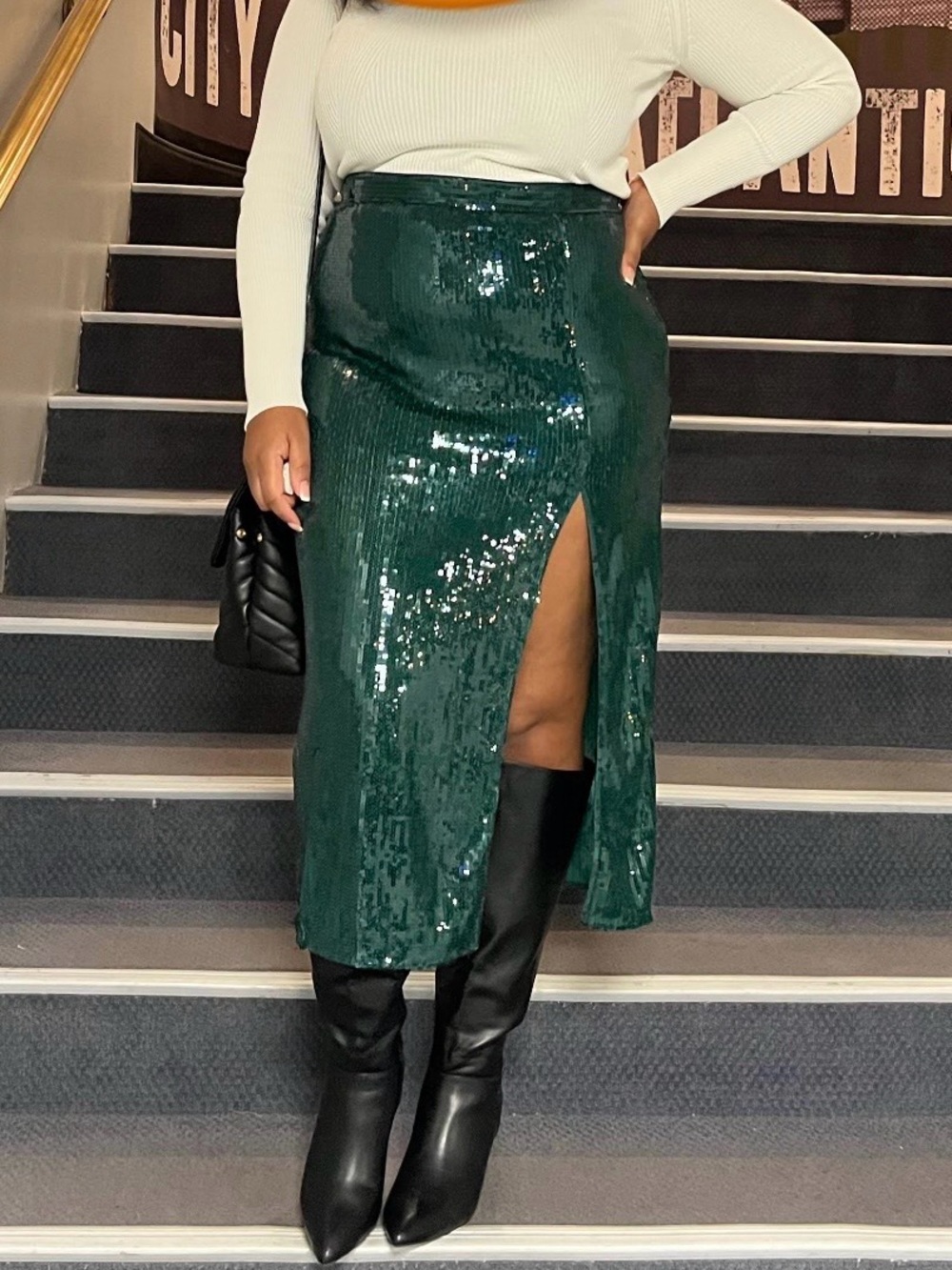 H&M Emerald Green Sequin Midi Skirt with Slit
